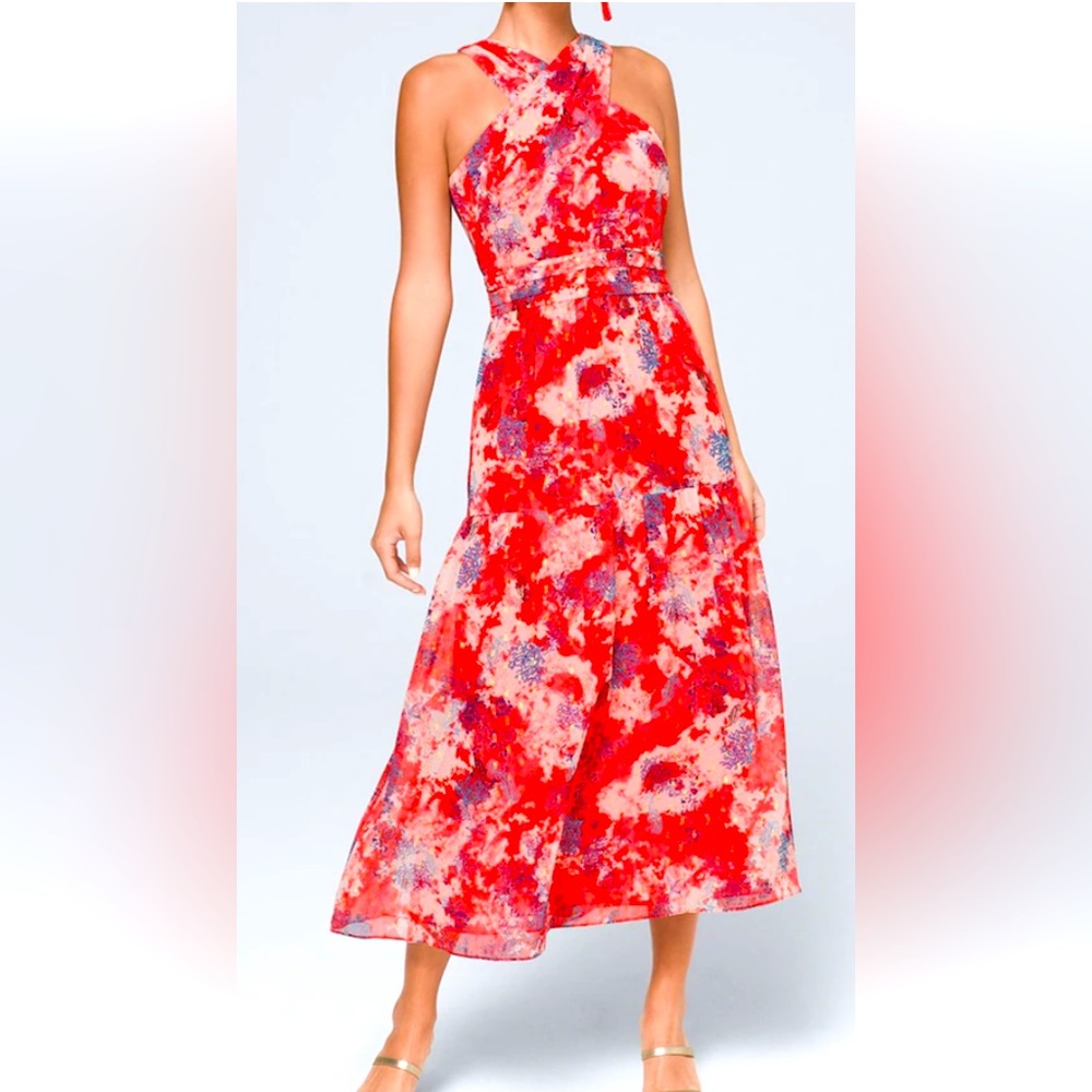 WhiteHouse BlackMarket Clip Dot Halter Maxi Orange Blue Gold Beach Print Sz 12